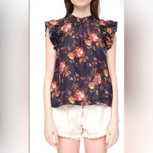 SEA NEW YORK Esme Silk Flutter Sleeve Top Navy Blue Floral SZ L